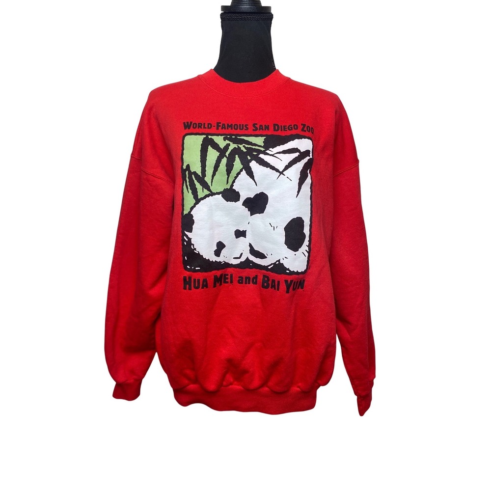 VTG San Diego Zoo Panda Sweatshirt Hanes ComfortBlend Red Hua Mei Bai Yun Large